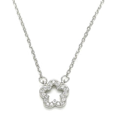 Minimalist silver necklace featuring a dainty flower outline pendant encrusted with sparkling rhinestones, a chic and versatile accessory.