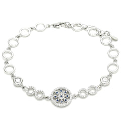 Stylish silver bracelet with alternating open and rhinestone-set circle links, highlighted by a central sapphire-accented medallion for a refined look.