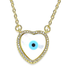 Dainty gold chain necklace featuring a heart-shaped pendant with mother of pearl inlay and blue evil eye design, framed in clear crystals for added shine.