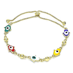 Dainty bracelet with multicolored beads and butterfly charms on a gold chain, perfect for layering or gifting.