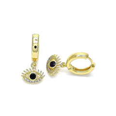 gold evil eye hoop earrings on white background