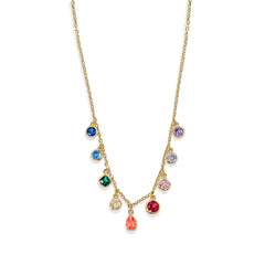 Gold chain necklace adorned with small colorful teardrop pendants, ideal for playful layering.