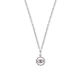 sterling silver chain on white background and evil eye pendant