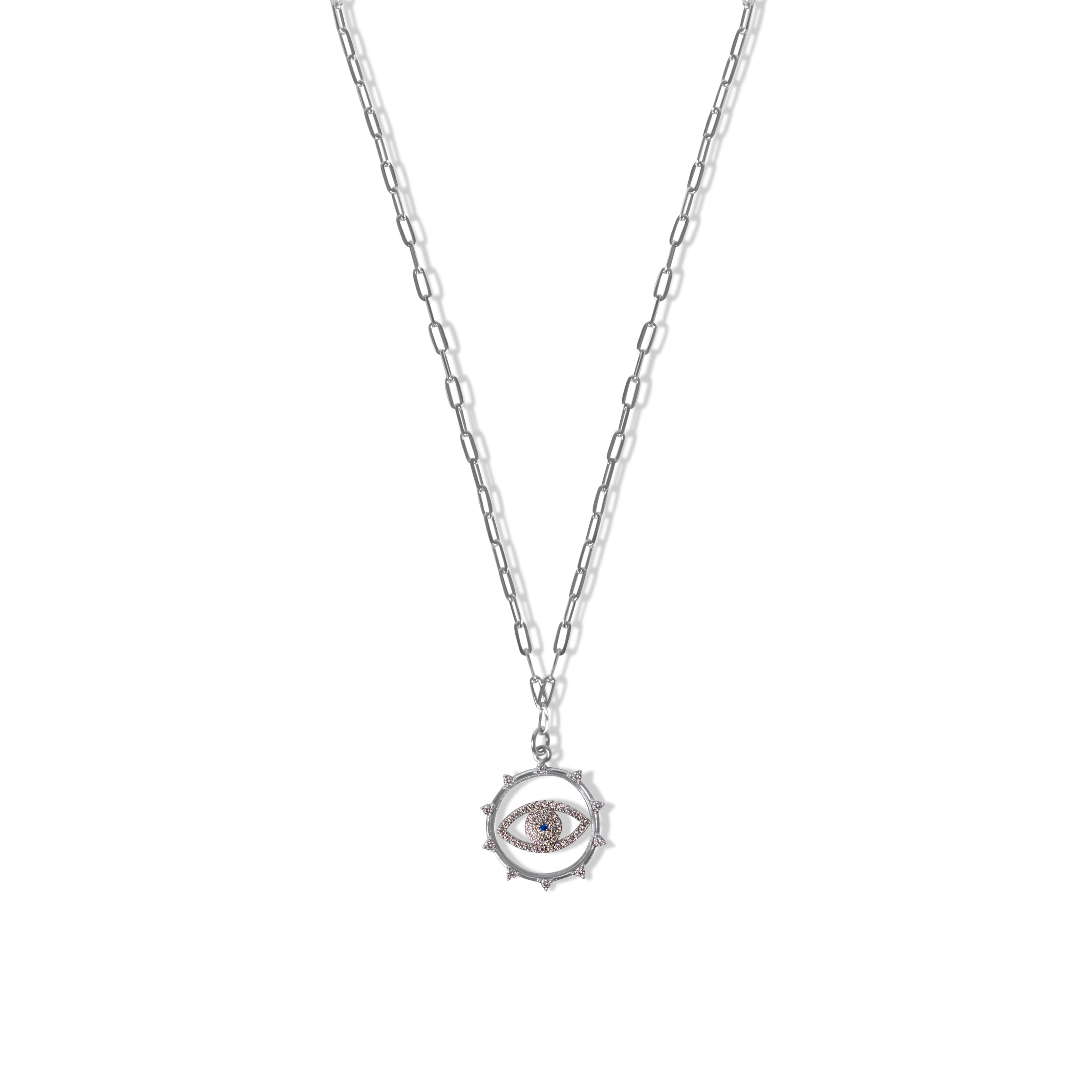 sterling silver chain on white background and evil eye pendant